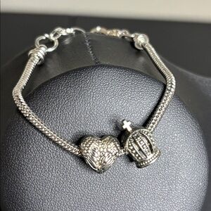Silver Tone Slider Heart and Crown Charm Bracelet